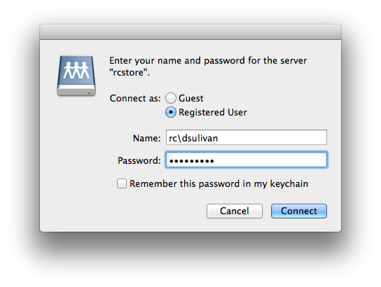 Use your Odyssey credentials to connect. Don't forget the `rc\`.