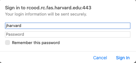 Jupyter Notebook or JupyterLab on Open OnDemand sign in prompt with the message "Sign in to rcood.rc.fas.harvard.edu:443" and the username field filled with jharvard and empty password field.